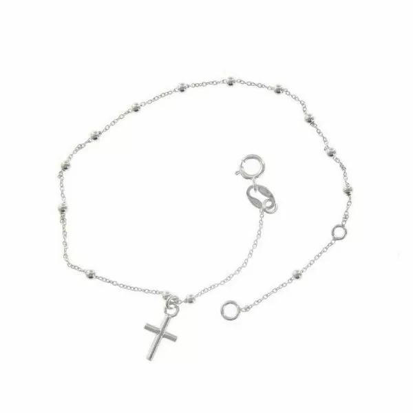 18ct White Gold Cross Rosary Beads Bracelet