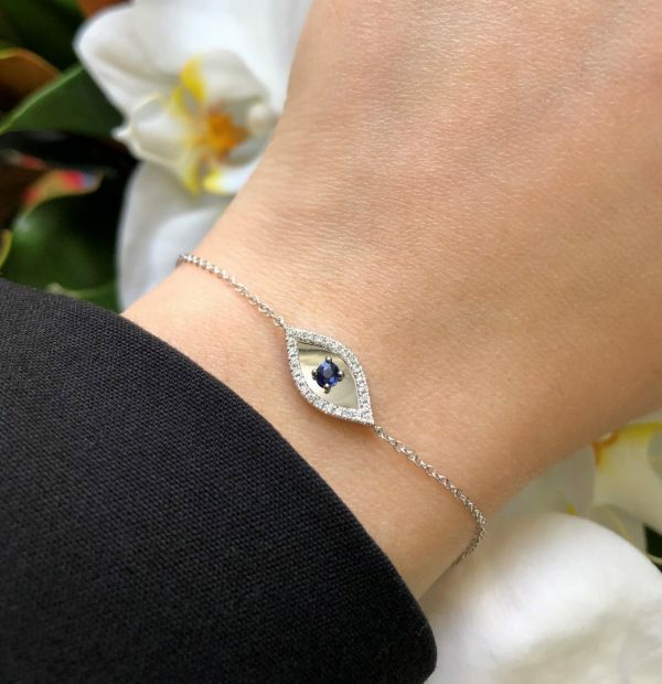 18ct white gold diamond & blue sapphire evil eye bracelet
