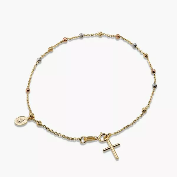 18ct yellow, rose and white gold rosary beads bracelet with cross and medallion