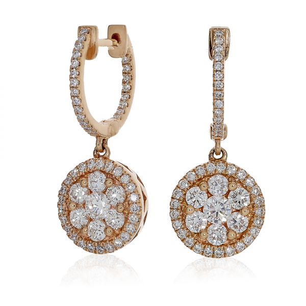 18ct rose gold diamond cluster drop earrings