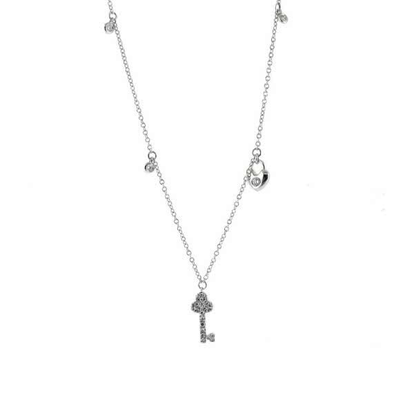18ct white gold adjustable key and heart diamond necklace