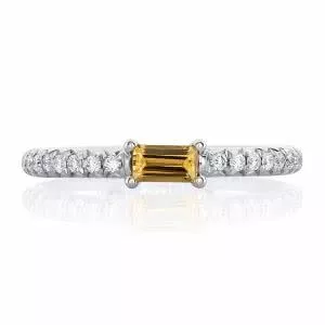 Platinum baguette golden sapphire and diamond ring