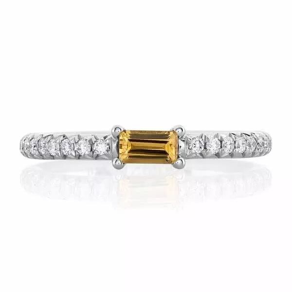 Platinum baguette golden sapphire and diamond ring