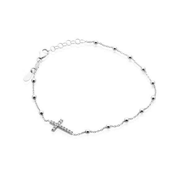 18ct white gold beads cross cubic zirconia bracelet