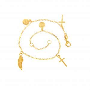 18ct yellow gold feathers and cross bracelet