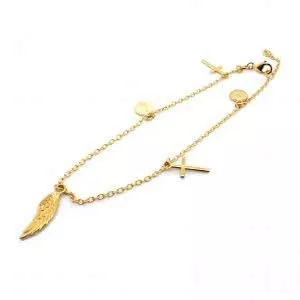 18ct yellow gold feathers and cross bracelet