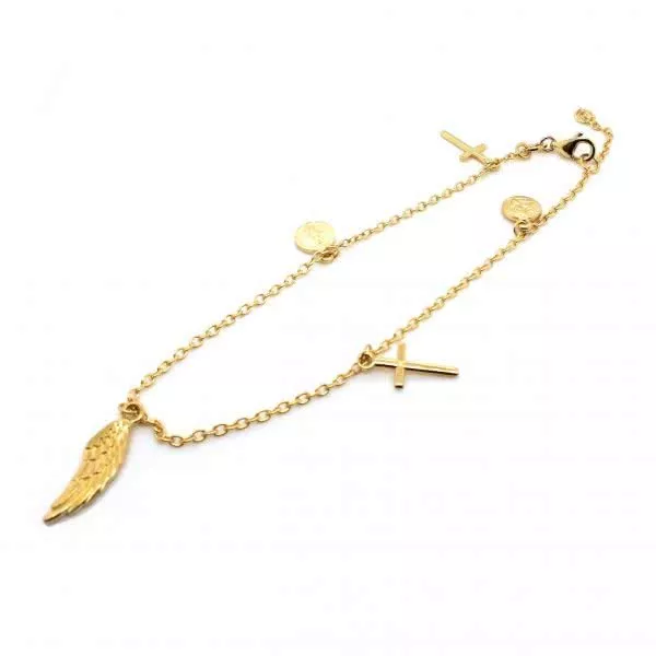 18ct yellow gold feathers and cross bracelet