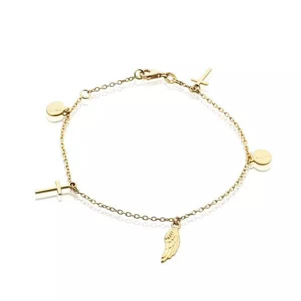 18ct yellow gold feathers and cross bracelet