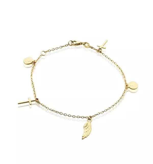 18ct yellow gold feathers and cross bracelet