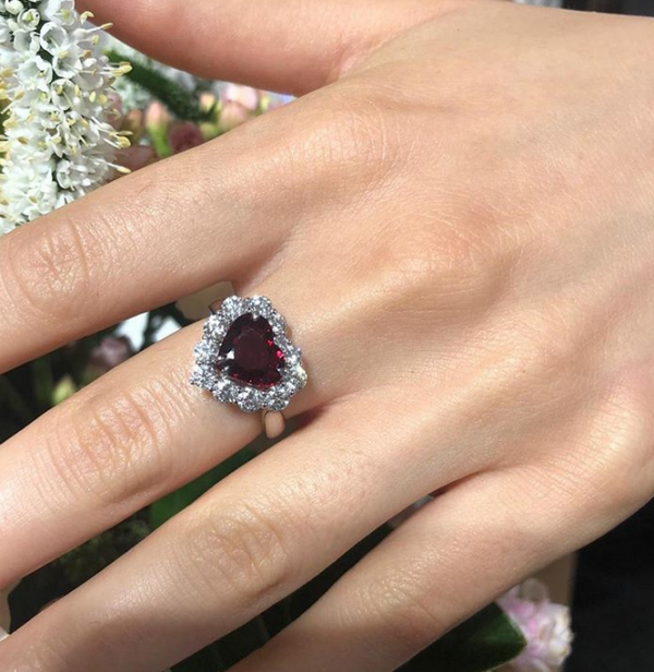 18ct white gold heart shape ruby and diamond ring