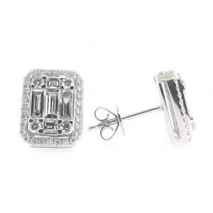 18ct white gold baguette & round diamond emerald shape stud earrings