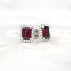 18ct white gold emerald cut rhodolite garnet & diamond earrings