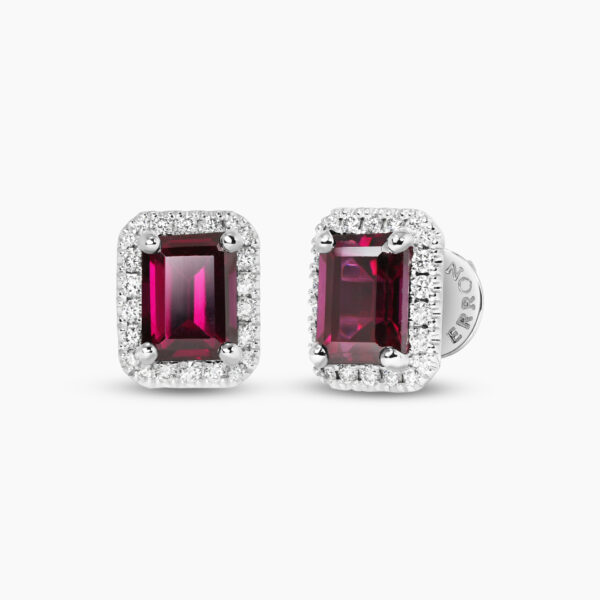 18ct white gold emerald cut rhodolite garnet & diamond earrings