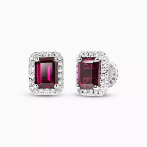 18ct white gold emerald cut rhodolite garnet & diamond earrings