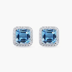 18ct white gold Asscher cut blue topaz & diamond stud earrings