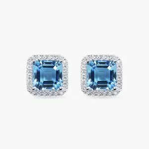 18ct white gold Asscher cut blue topaz & diamond stud earrings