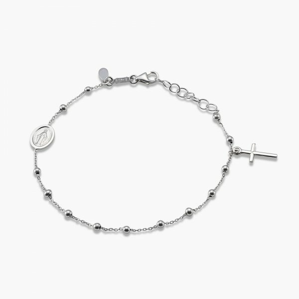 18ct white gold rosary bracelet with cross and medallion