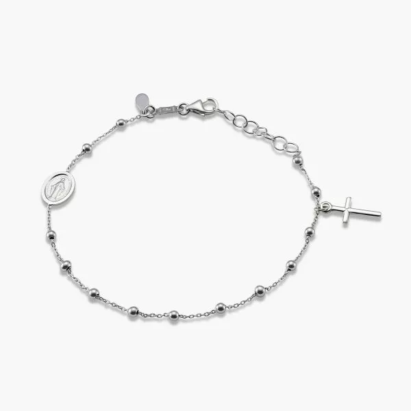18ct white gold rosary bracelet with cross and medallion