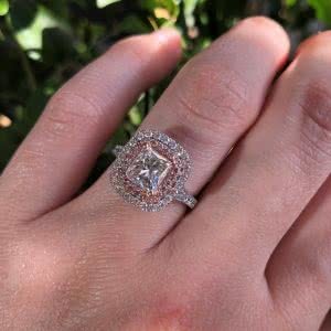 18ct White gold princess cut ring with pink diamond halo