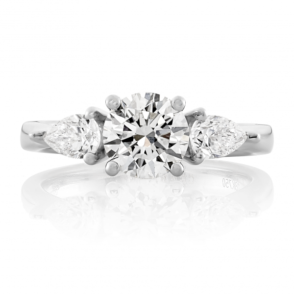 18ct White Gold Round & Pear Three Stone Diamond Ring