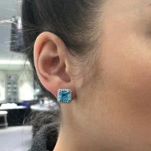 18ct white gold Asscher cut blue topaz & diamond stud earrings