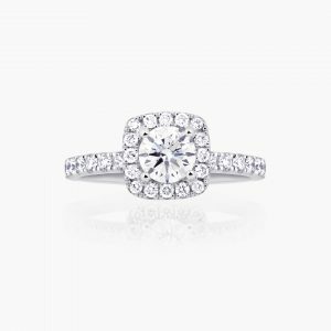 18ct white gold round diamond ring with cushion shape halo