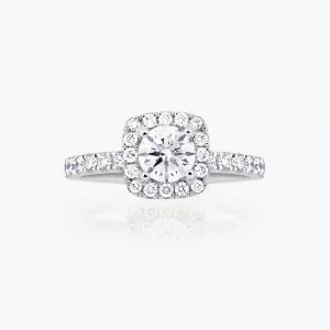 18ct white gold round diamond ring with cushion shape halo