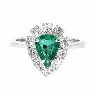 18ct white gold pear emerald & diamond halo ring
