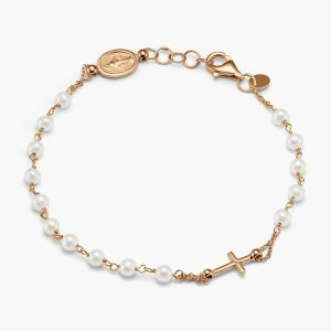 18ct rose gold and pearl rosary bracelet with cross and medallion
