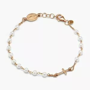 18ct rose gold and pearl rosary bracelet with cross and medallion