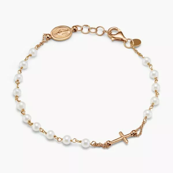 18ct rose gold and pearl rosary bracelet with cross and medallion