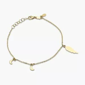 18ct yellow gold crescent moon and feather bracelet
