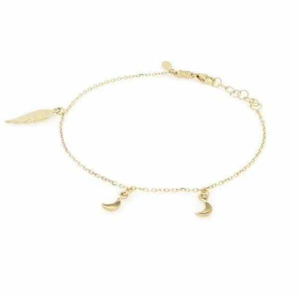18ct yellow gold crescent moon and feather bracelet