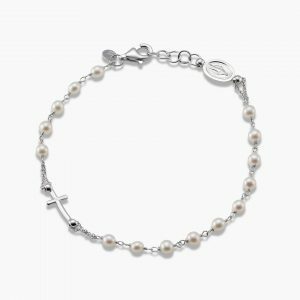 18ct white gold pearl rosary bracelet with cross and medallion