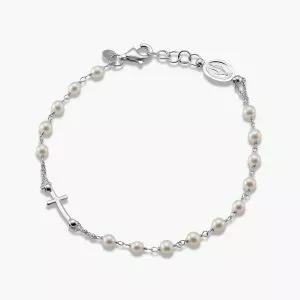 18ct white gold pearl rosary bracelet with cross and medallion