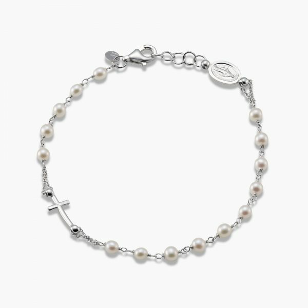 18ct white gold pearl rosary bracelet with cross and medallion