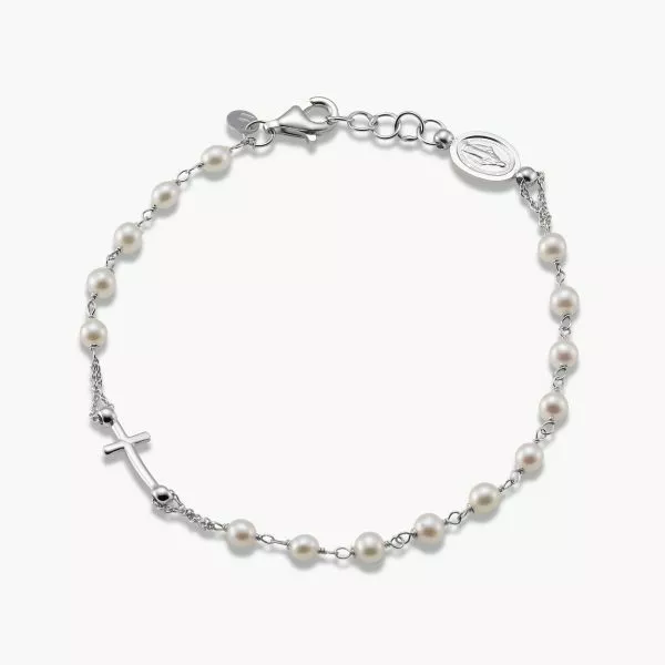 18ct white gold pearl rosary bracelet with cross and medallion