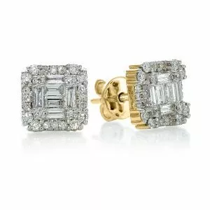18ct yellow gold claw set baguette & round brilliant cut diamond stud earring