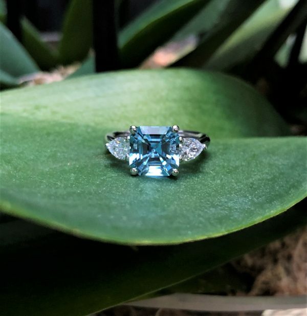 Platinum 2.49ct Asscher cut aquamarine and diamond ring