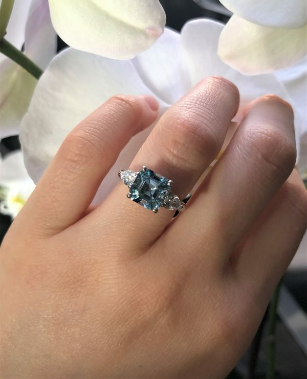 Platinum 2.49ct Asscher cut aquamarine and diamond ring