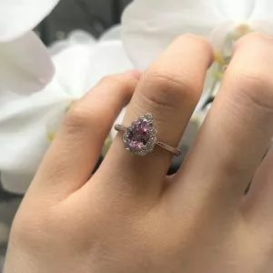 18ct white gold 0.59ct pear shape pink morganite & diamond ring