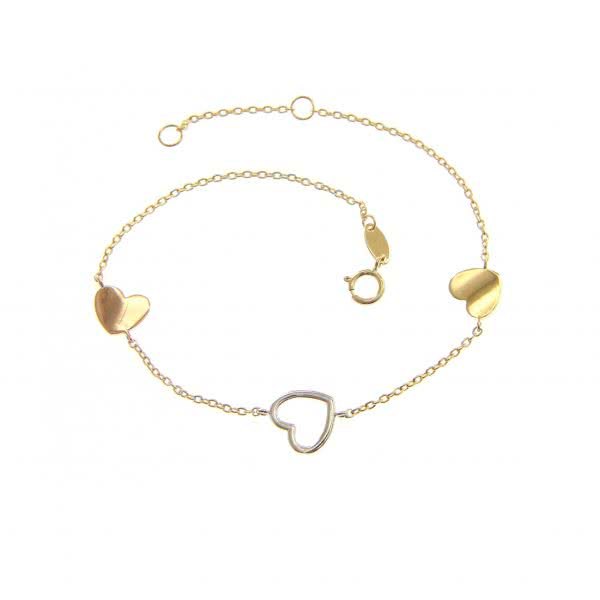 18ct yellow, white and rose gold hearts bracelet