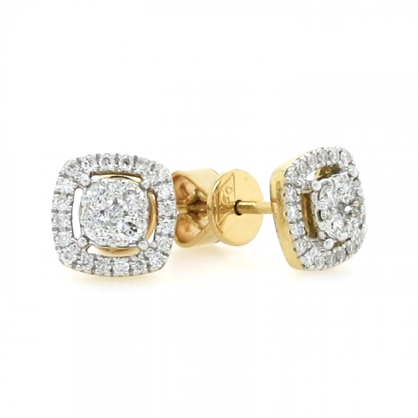 18ct yellow gold cushion shape diamond halo stud earrings