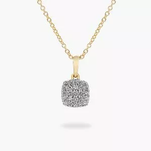 18ct yellow gold cushion shape cluster diamond necklace