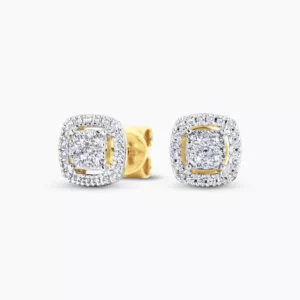 18ct yellow gold cushion shape diamond halo stud earrings