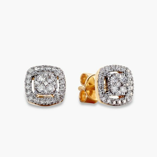 18ct yellow gold cushion shape diamond halo stud earrings