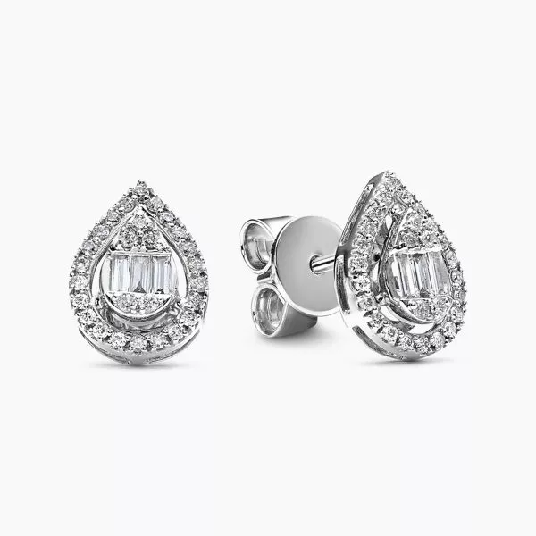 18ct white gold baguette and round diamond pear shape stud earrings
