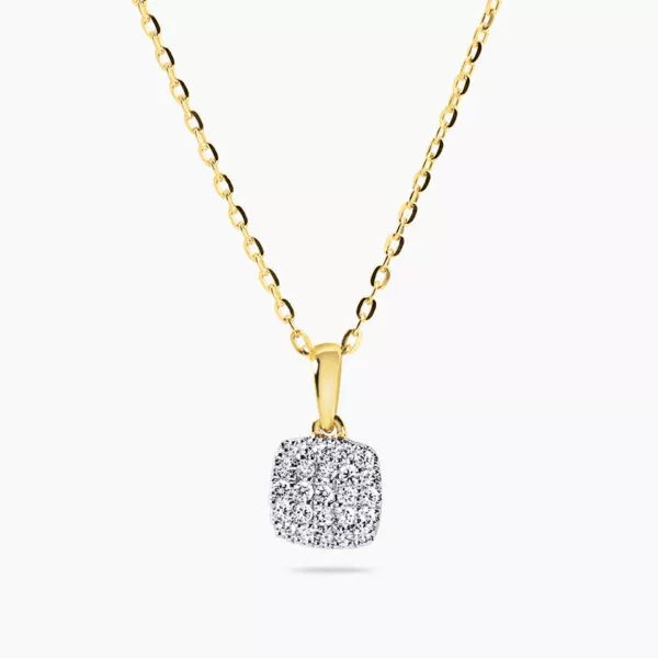 18ct yellow gold cushion shape cluster diamond necklace