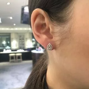 18ct white gold baguette and round diamond pear shape stud earrings
