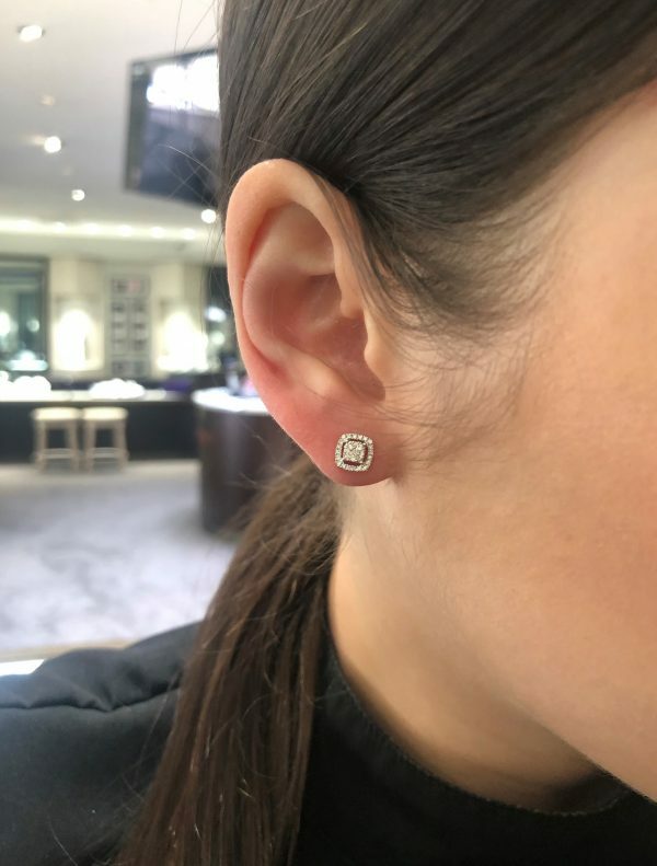 18ct yellow gold cushion shape diamond halo stud earrings - Image 2